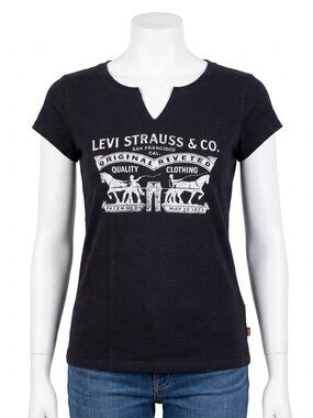 Levis Womens Medium T-Shirt Black Graphic Tee Logo Notch Neck